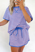 Blue Stripe Relaxed Short Sleeve Top Elastic Waist Drawstring Skort 2pcs Set
