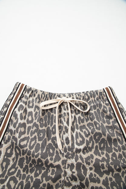 Multicolour Leopard Pattern Striped Detail Drawstring Denim Shorts