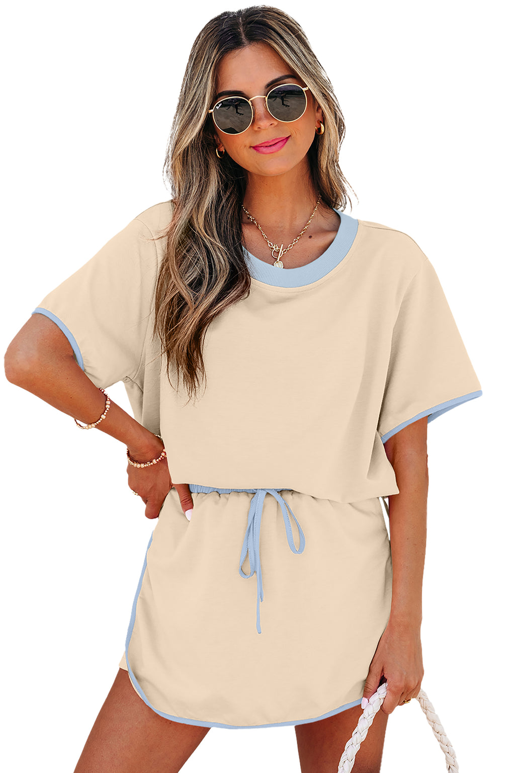 Apricot Colorblock Edge Drop Shoulder T Shirt and Skort 2Pcs Set