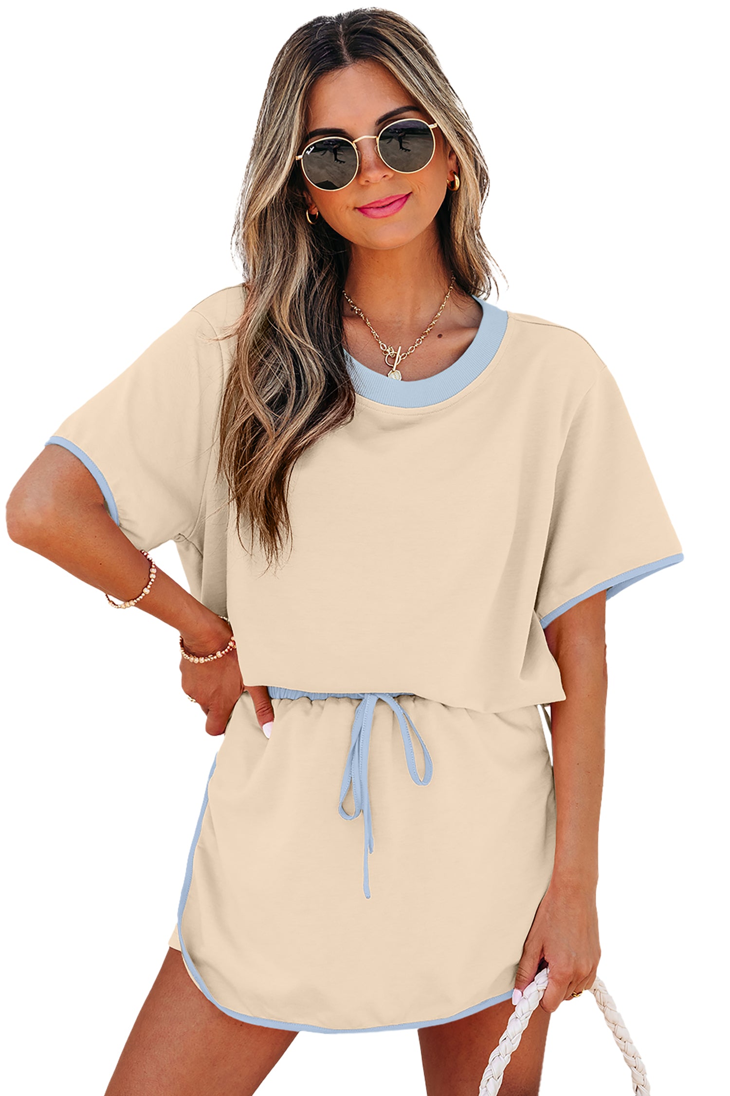 Apricot Colorblock Edge Drop Shoulder T Shirt and Skort 2Pcs Set
