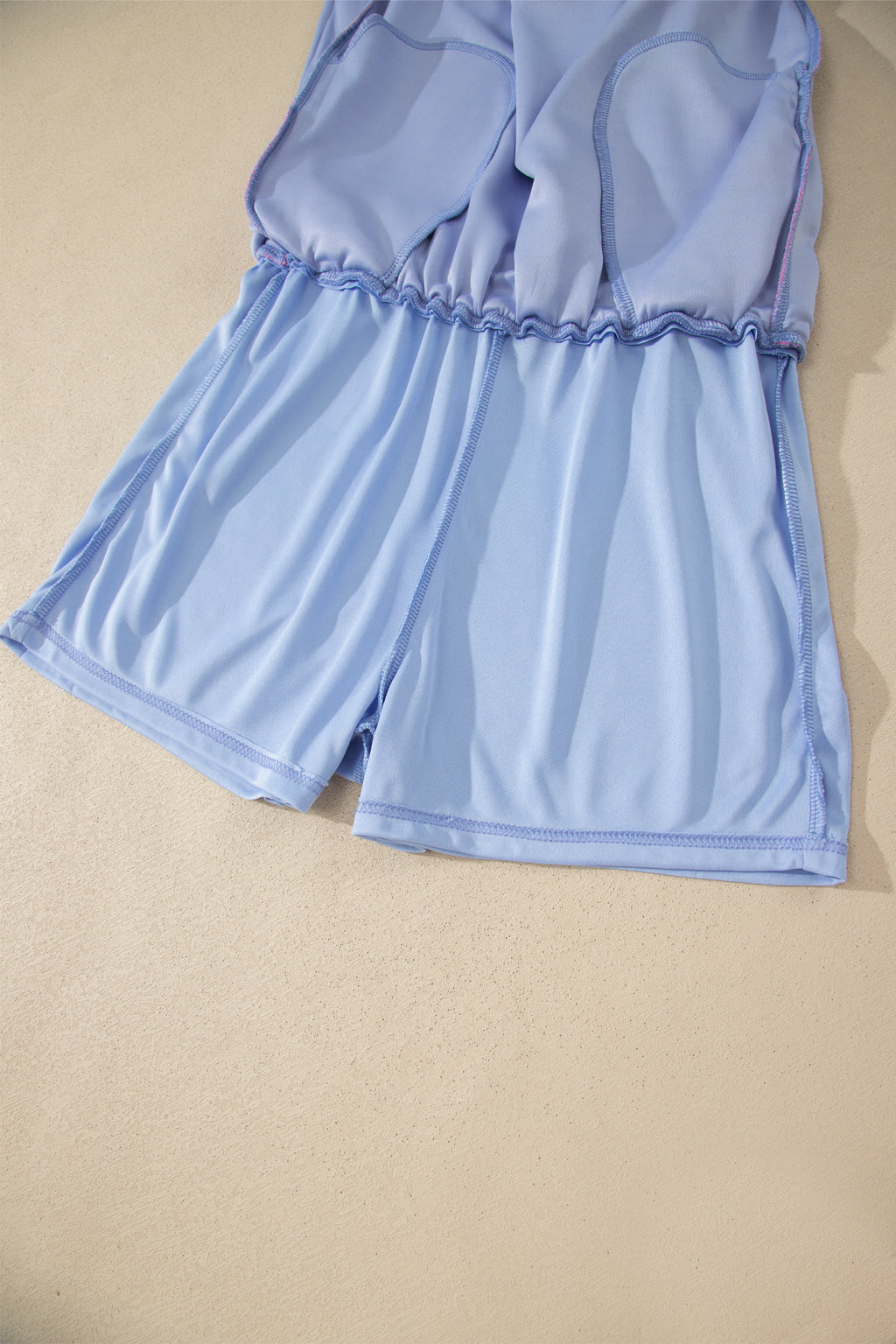 Sky Blue Preppy Striped Trim V Neck Polo Tee Drawstring Skort Set