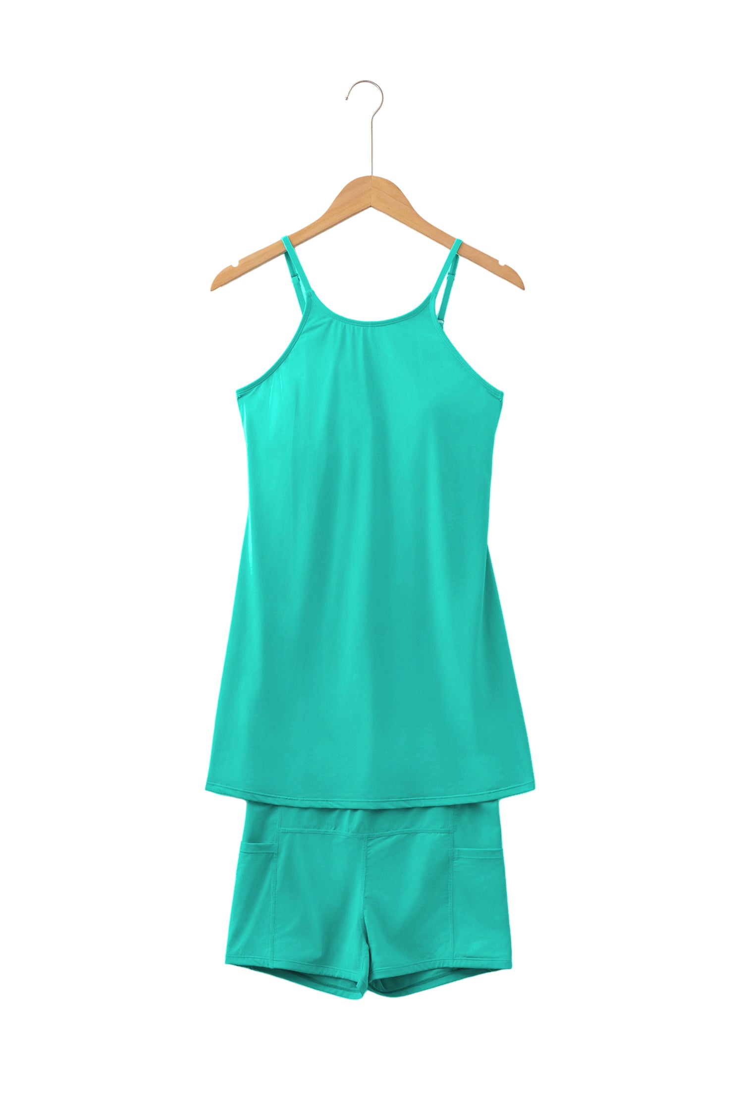Sea Green Solid Color Tunic Tank Dress Athletic Shorts Two Piece Set