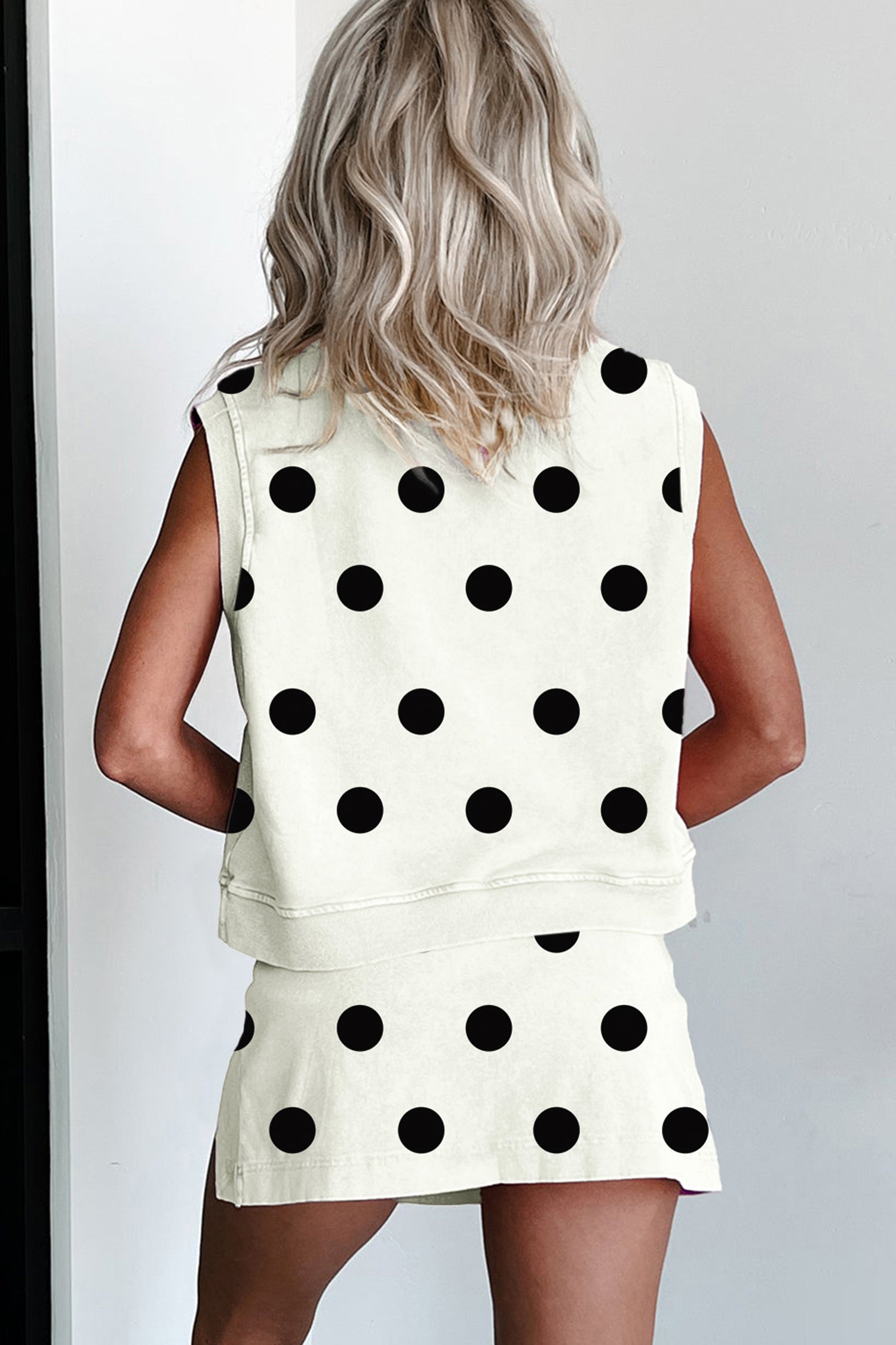 White Ribbed Trim Polka Dot Print Tank Split Mini Skort 2pcs Set