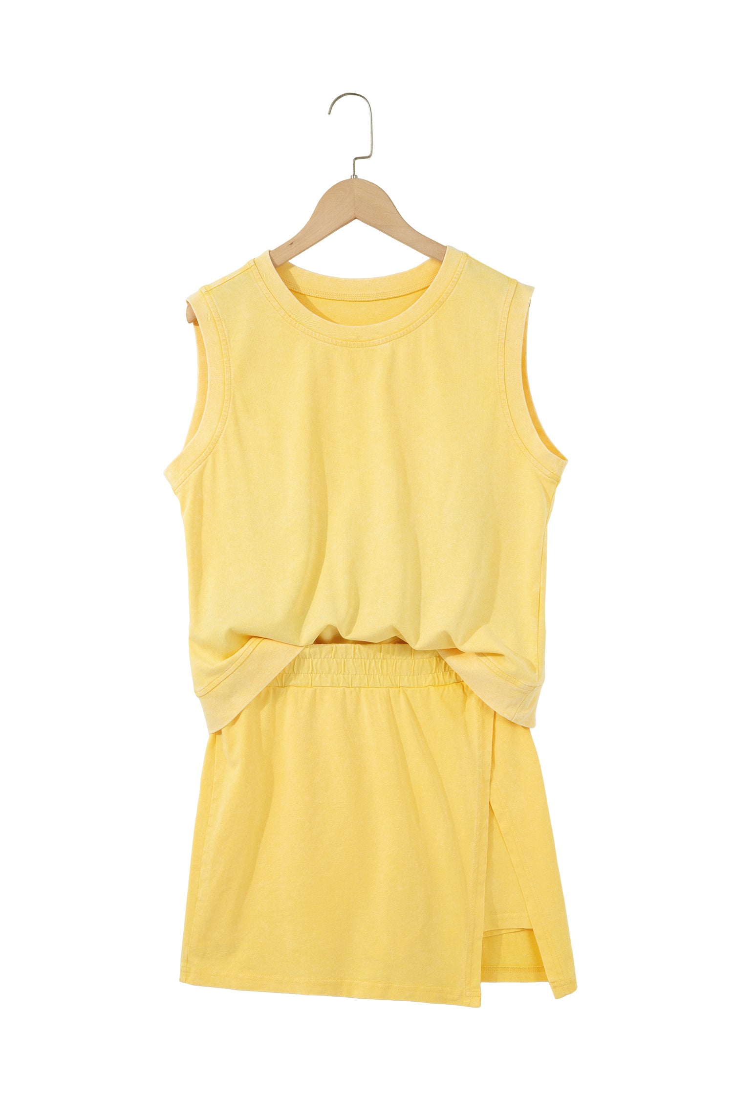 Yellow Cream Solid Color Washed Sleeveless Top Split Skort Cotton 2pcs Outfit